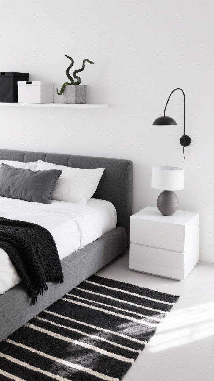 Detail/overhead-perspective hybrid, Modern Monochrome Minimalism: A crisp gallery-white room with a black-and-ivory stripe flatweave rug (5x8) tucked under the lower half of a low-profile upholstered bed in soft charcoal, stripes running perpendicular to the bed. Minimal bedding: smooth white duvet, single graphite lumbar pillow, black waffle throw folded at the end. Nearby, a white lacquer cube nightstand with a sculptural ceramic lamp; matte black wall sconce overhead with hidden cord. A floating shelf with black-and-white storage boxes and a concrete planter with a snake plant. Cool, even daylight with subtle shadows; high-contrast, graphic minimalist mood; thin-profile rug visible at the edge.