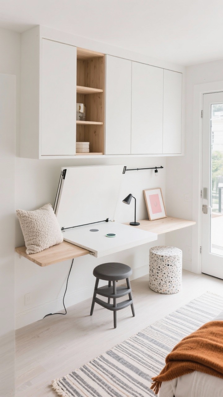 Detail/overhead shot, Light, Bright, and Fold-Away Smart: An overhead view of a clean white wall bed system with a Murphy-style fold-down desk opened; pale ash/birch wood multifunctional storage wall: closed cabinets up top, open niches with minimal decor in the middle, flip desk below; hidden cable channel visible with a wireless charging puck embedded in the desk surface; graphite accents; a stackable stool tucked nearby; track lighting rail aimed at the desk, plus a rechargeable clip lamp attached to a shelf; accessories include a textured bouclé pillow, terrazzo side table corner, ginger-colored throw edge, small blush art print; striped flatweave runner guiding from entry toward window; frameless mirror by door reflecting light; bright, minimal, modern, photorealistic.