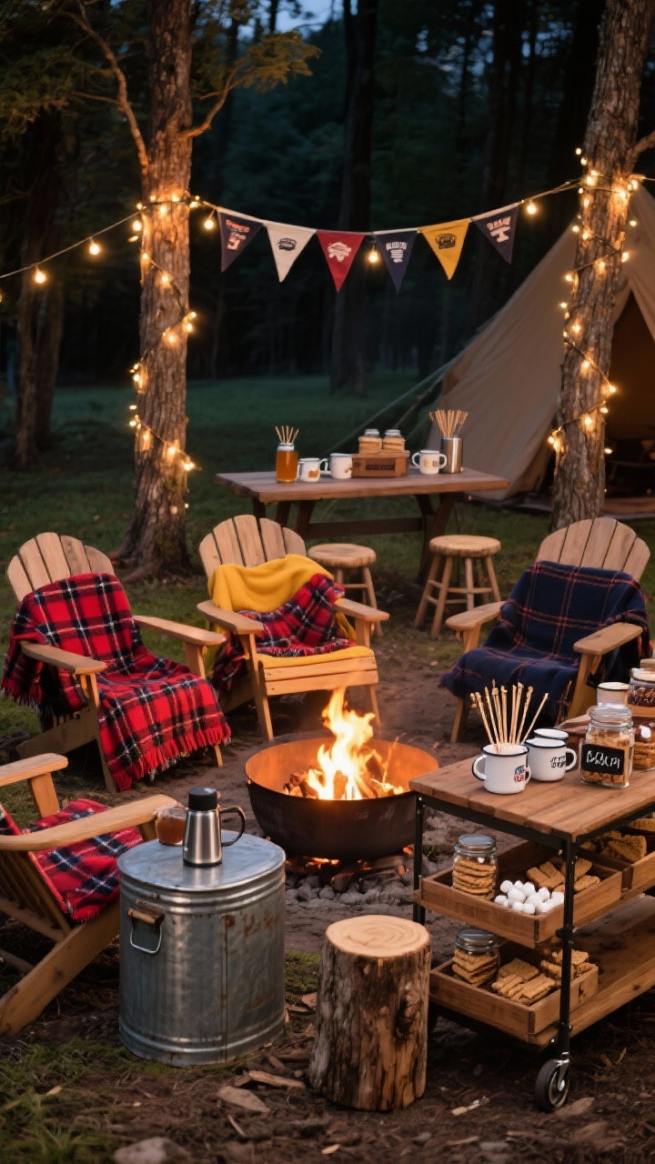 Detail-rich, medium firepit area scene: tailgate-inspired nook with Adirondack chairs around a lit firepit, each chair draped with plaid stadium blankets in cranberry, navy, mustard, and charcoal. A vintage galvanized metal cooler doubles as a side table. A narrow folding table set as a DIY s’mores bar: small crates tier jars of graham crackers, marshmallows, chocolate, and skewers with mini chalk labels; enamelware mugs and a classic thermos of hot cocoa. Nearby trees wrapped with string lights, a camp-style pennant banner above the table; a couple of log stools and a cedar rolling bar cart with cider. Cozy night lighting from firelight and string lights, photorealistic.