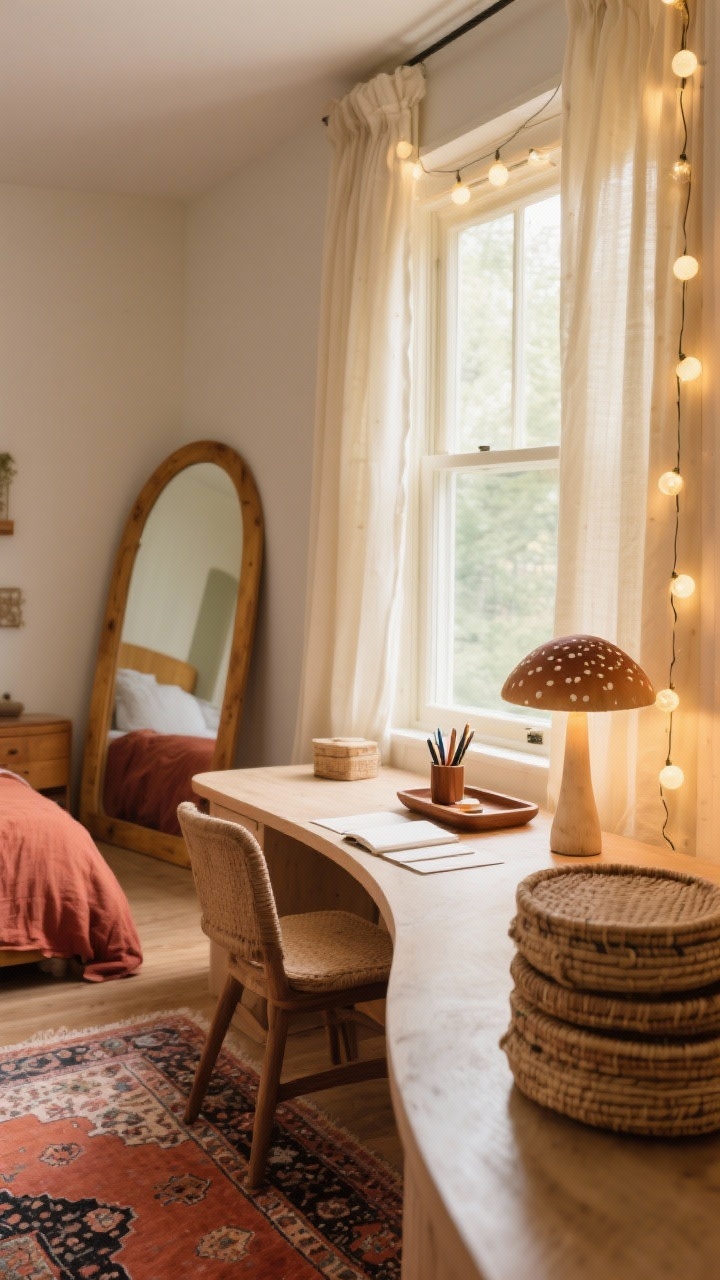 Detail shot, eye-level closeup focused on the bay window workstation: A curved writing desk perfectly hugging a bay window, dressed with soft cream café curtains filtering golden daylight and a delicate string of tiny globe lights framing the window. On the desk, a mushroom lamp casts a warm glow beside a walnut tray holding pens and small essentials; nearby, stacked lidded baskets provide storage. In soft focus beyond, hints of a rounded-edge honey-oak bed with rust-colored linen, a vintage-inspired Turkish rug in terracotta, blush, and midnight threads, and a large arched mirror leaning against the wall. Natural textures and boho layers, cozy and inviting, photorealistic.