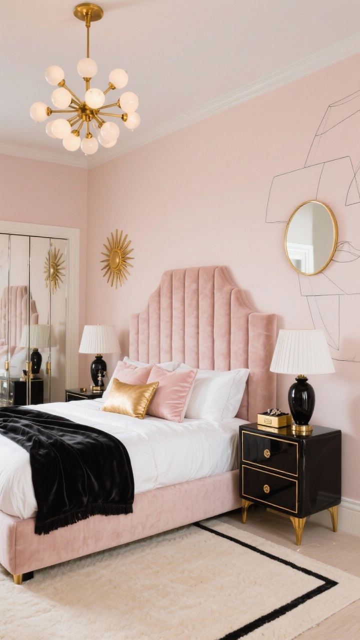 Medium bedroom shot, corner angle: A streamlined glam bedroom with powdery blush walls contrasted by glossy black accents and clean Deco geometry. Feature a tall channel-tufted headboard in dusty rose velvet with a subtle stepped silhouette, paired with ivory waterfall lacquer nightstands with brass inlay. Overhead, a brass Sputnik chandelier with frosted globe bulbs casts a cinematic glow. Include smoked-mirror closet doors or a mirrored dresser, crisp white sateen sheets, a black satin throw, blush-and-brass accent pillows, and a cream area rug with a thin black Deco border framing the bed. Add minimalist line art, a brass sunburst mirror, black ceramic lamps with pleated shades, and a petite high-gloss ivory vanity with a brass-trimmed half-moon mirror and lacquered jewelry boxes. Photorealistic, warm and glamorous.