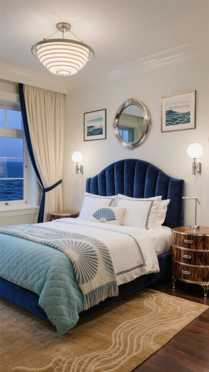 Medium bedroom shot, Ocean Liner Bedroom: serene Art Deco suite inspired by 1920s luxury liners. A navy velvet curved headboard with channel tufting centers the scene, flanked by burled wood waterfall nightstands with polished nickel pulls. Overhead, a pendant with concentric rings evokes a glamorous porthole. Bedding: crisp white with navy piping, a quilted pale aqua coverlet, and a fan-pattern throw. On the floor: a warm sand-colored wool rug with a subtle wave motif in low relief. Windows dressed in two-tone drapery—ivory with a narrow navy band. Above a waterfall dresser with rounded corners and stepped drawers hangs a nickel-framed round mirror (porthole effect); opposite wall features a triptych of stylized ocean prints. Lighting from opaline globe sconces and a slim nickel reading lamp creates a tranquil nighttime glow. Corner angle, photorealistic.