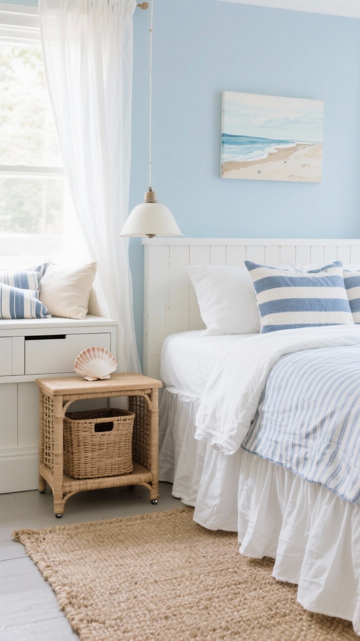 Medium-close detail, Coastal Cottage Capsule storage and lightness: skirted bed in crisp white percale with a striped chambray duvet; the fabric skirting hides low rolling bins, one partially visible being tucked beneath; narrow rattan nightstand with a basket on the lower shelf; pendant light hanging to keep surfaces clear; adjacent window seat chest with lift-up storage implied by a subtle seam, piled with pillows; jute rug texture foreground; shell-toned ceramic lamp on the nightstand; pale sea-salt blue walls, whitewashed wood accents, simple coastal art (watercolor shoreline) on the wall; sheer linen curtains catching natural light; palette of sea-salt blue, white, sandy beige, natural rattan, soft navy stripes; bright breezy daylight, photorealistic, straight-on.