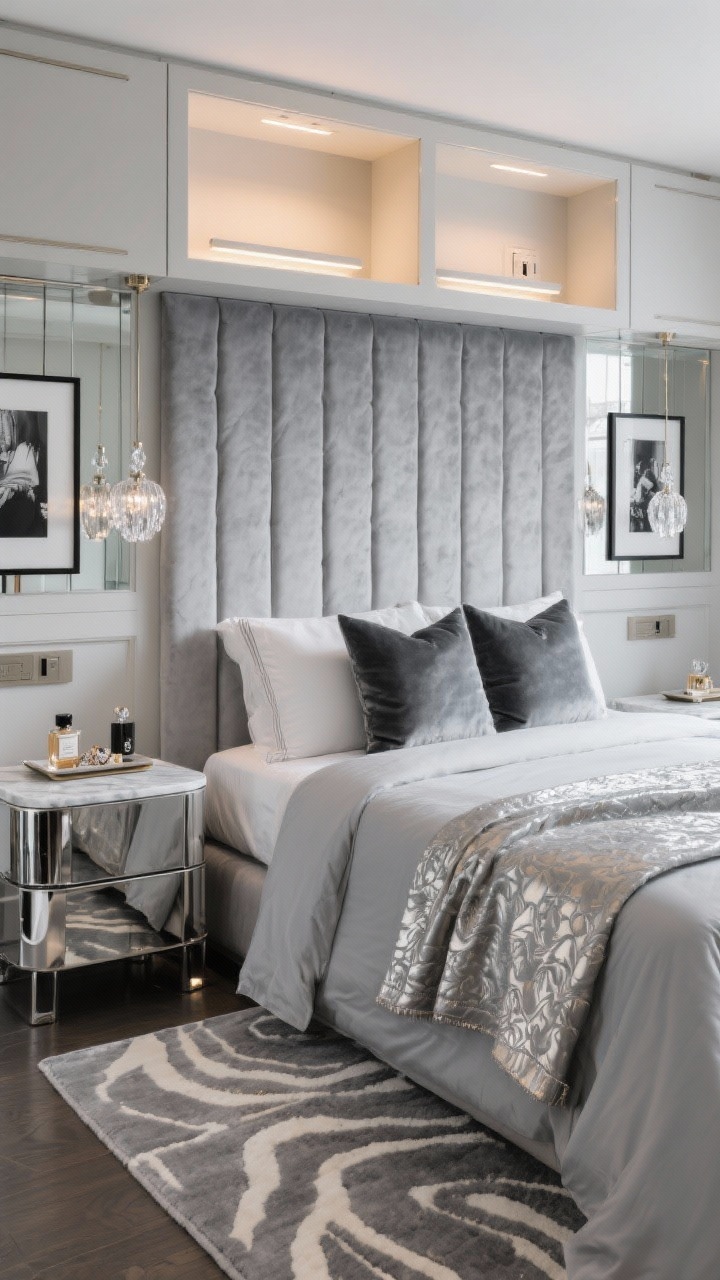 Medium closeup, photorealistic: Micro-luxe glam bed wall with a cool greige palette. A dove grey velvet channel-tufted headboard framed by custom-looking built-ins: shallow overhead cabinets, integrated reading lights, and hidden charging cubbies. Mirrored closet doors reflect a low-pile abstract rug in grey and pearl. Nightstands are replaced by sleek nesting tables in slim chrome that tuck neatly beside the bed. Monochrome bedding layers include a light grey duvet, tonal jacquard coverlet, charcoal euro pillows, and a metallic-thread throw for subtle sheen. Accent lighting includes an LED strip behind the headboard creating a soft halo, plus petite crystal or smoked-glass pendants for sparkle. Two large black-and-white photographs in thin black frames and a marble tray corralling perfume and jewelry on a glossy slim dresser complete the compact, polished boutique-hotel vibe.