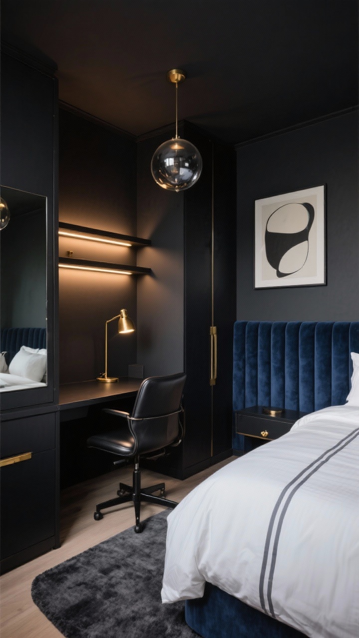 Medium corner angle: A moody compact bedroom painted in deep inky charcoal, including the ceiling, creating high contrast with a velvet channel-tufted headboard in midnight blue and crisp white bedding with graphite piping. In the darkest corner, a matte-black right-angle corner desk with a waterfall edge is paired with a low-back leather task chair tucked flush beneath. Above the desk, two floating shelves with integrated LED strips glow softly; a brass swing-arm lamp adds task light. A tall slim wardrobe with mirrored doors stands beside the desk, reflecting a charcoal wool rug, black-and-brass hardware, a smoked-glass orb pendant overhead, and a single oversized abstract print on the wall. Sophisticated, dramatic, photorealistic lighting with layered warm glows.