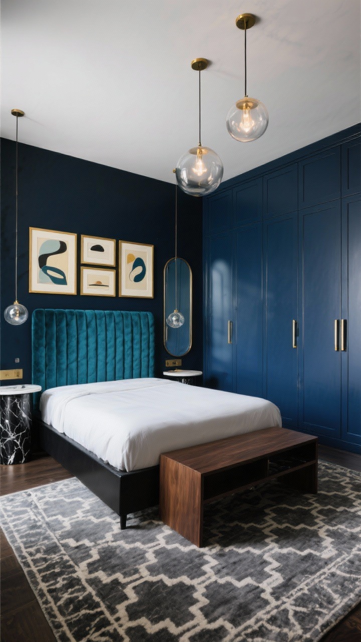 Medium corner angle: A moody modern jewel box bedroom with blue-black painted walls and a soft warm white ceiling. The focal point is a deep teal channel-tufted velvet headboard on a slim black platform base. On either side, black marble-topped pedestal nightstands, with glass globe pendants suspended from the ceiling providing warm, cinematic glow and freeing surface space. A narrow smoked mirror leans in the corner to reflect depth. At the foot of the bed, a floating walnut console doubles as a vanity/desk; above it, a gallery of abstract art in gold frames with cream mats stands out against the dark walls. A charcoal and ivory Moroccan patterned rug grounds the space. Built-in floor-to-ceiling wardrobes painted the same blue-black with slim brass pulls fade into the walls. Sophisticated, intimate, photorealistic lighting.