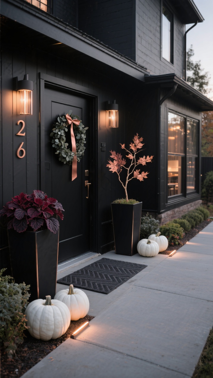 Medium, corner-angle, evening exterior of a “Moody Modern Maple” entry: sleek black-and-copper palette, matte-black house numbers on the door; tall, slim planters with deep burgundy coleus or ornamental kale; clusters of all-white pumpkins in twos and threes; a charcoal doormat layered on a low-profile outdoor rug with a quiet herringbone pattern; slim copper path lights casting a soft wash along the walkway; black eucalyptus wreath with a thin copper ribbon; a single sculptural maple branch arrangement in a black urn; high-contrast, minimal clutter, elegant restaurant–style glow, no people.