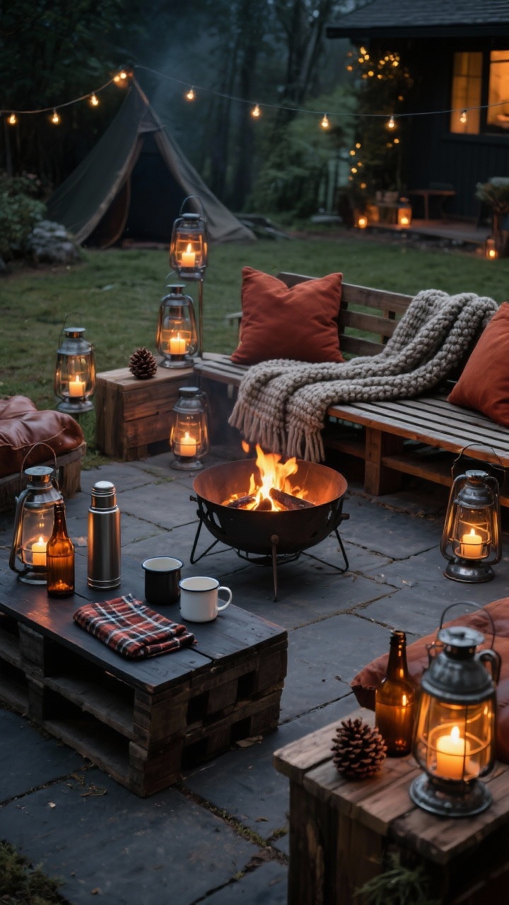 Medium, corner-angle evening shot of a moody backyard campfire patio centered on a portable fire pit, with a slatted wood bench draped in chunky knit throws and rust-colored pillows; surrounding metal and wood lanterns in varied heights filled with battery candles and a few pinecones cast a soft lantern glow; a low pallet coffee table stained dark holds plaid napkins, enamel mugs, and a vintage thermos; subtle accents of amber glass, worn leather, wool, matte metal, and weathered wood in a charcoal, rust, olive palette; fairy lights in amber bottles twinkle softly, photorealistic.