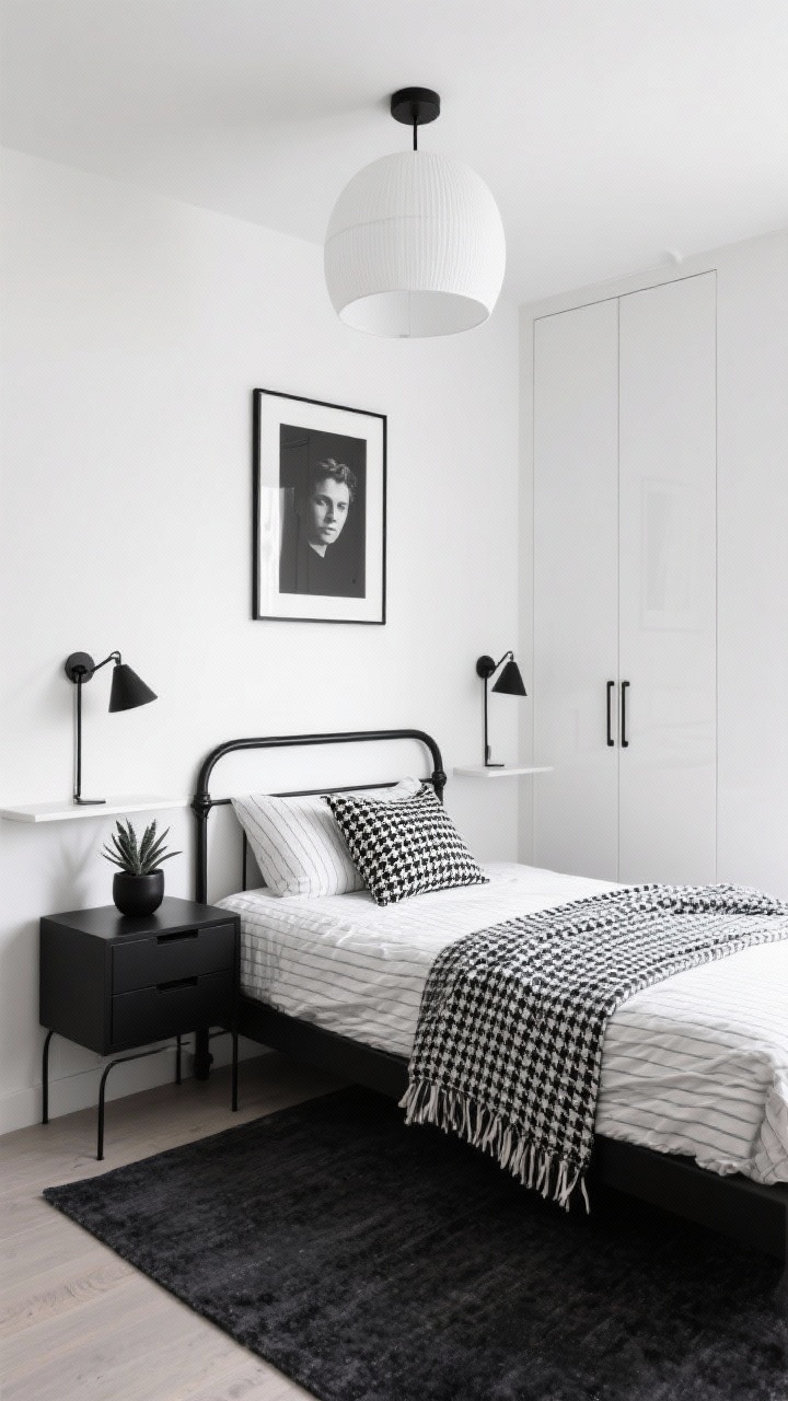 Medium corner angle — Modern Monochrome: A sharp black-and-white small bedroom vignette with warm white walls and a matte black metal bed frame. Charcoal area rug anchors the floor. Sleek glossy white wardrobe with integrated handles, a floating black shelf as the nightstand, and under-bed drawers partially visible. Above the bed, a single oversized black-and-white photograph. Slim black swing-arm sconces flank the bed; a minimal white drum ceiling light overhead. Add a folded houndstooth throw and thin pinstripe bedding for subtle pattern. Geometric pillow and a small black planter with a sculptural succulent on the floating shelf. Clean surfaces, crisp lighting, photorealistic, no people.