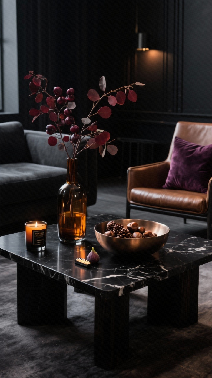 Medium corner angle, Moody Noir & Amber: a black marble or ebonized wood coffee table set between a dark charcoal sofa and a tobacco leather chair. Rich palette: inky black, amber, fig, and bronze. On the table, an amber glass vase with loose burgundy eucalyptus or plum branches, a low bronze bowl filled with chestnuts or pinecones, and an apothecary jar candle with a smoky label. A sleek black match striker beside it. Textures of marble, metal, and smoked glass; shape tension between tall stems and low bowl. Include a glimpse of an aubergine velvet throw pillow in the background to unify. Low, moody evening lighting with warm highlights. Photorealistic.