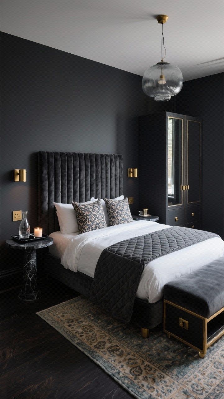 Medium corner angle of “The Moody Micro Suite”: dark charcoal walls, velvet-upholstered bed with vertical channeled headboard centered, hotel-level bedding—white duvet with a charcoal quilted coverlet and two patterned Euro pillows. Slim black stone pedestal tables as nightstands with a black tray holding a carafe and glass on one side, a scented candle on the other. Tall armoire with mirrored doors reflecting the room; compact upholstered bench at the foot with lift-top hinting at hidden storage. Brass plug-in picture lights above the headboard, smoke-glass pendant overhead. Muted Persian-pattern rug grounding the space; brass hardware and frames add sparkle. Low, moody lighting that feels dramatic and cozy, no people.