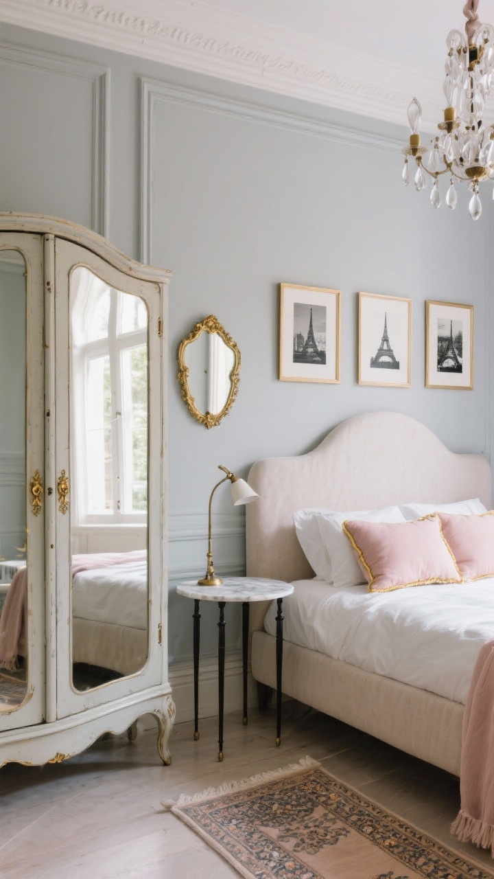 Medium corner angle, Parisian Petite bedroom: vintage-style mirrored armoire with delicate brass hardware placed opposite a sunlit window, reflecting light across pearl gray walls with tone-on-tone picture-frame moldings; an upholstered linen headboard with slight curve on thin black metal legs, a slim marble-topped side table, a petite chandelier with glass droplets overhead, a small swing-arm sconce for reading; accents of dusty blush and antique gold in art and pillow piping; a small Persian-style runner layered at the bedside; include either a petite gilded mirror or trio of black-and-white Paris prints above the bed; elegant, airy, boutique-hotel feel.