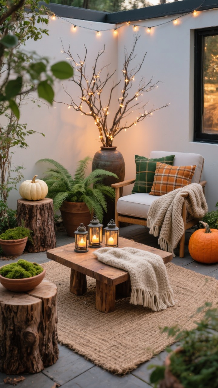 Medium, corner-angle patio vignette: cozy woodland hideaway using a jute rug layered with a smaller soft wool throw, low wood coffee table centered, surrounded by tree-stump side tables. Clustered greenery: potted ferns, moss bowls, and dried branches in ceramic pots; a couple of cream pumpkins and one terracotta pumpkin add warmth. Knit blanket draped over a chair with plaid pillows in moss and ochre. Fairy lights threaded through branches in a tall floor vase, plus a cluster of mini lanterns on the coffee table. Materials: jute, wool, raw wood, ceramic. Colors: moss, ochre, cream, walnut brown. Dusk lighting with gentle warm twinkle, photorealistic.