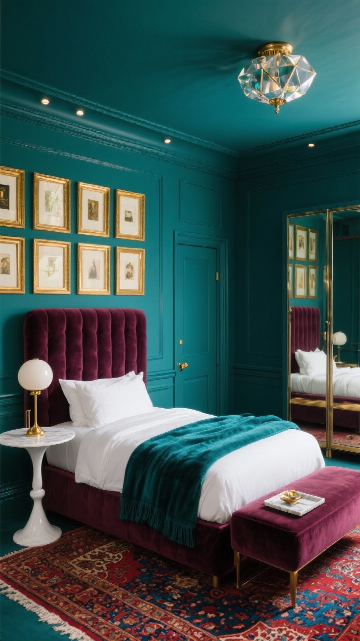Medium corner-angle photorealistic shot of a bold jewel-box bedroom: matte teal (or merlot) walls with baseboards and door painted the same color for a wrapped effect, a velvet channel-tufted headboard in a slightly deeper tone, crisp white percale sheets, brass accents, a white tulip pedestal table doubling as a nightstand topped with a petite globe lamp, a tight grid of gold-framed prints over the bed, a Persian-style rug with deep reds and cobalt grounding the space, a tall armoire with mirrored doors reflecting light, a storage bench at the foot of the bed, a flush-mount ceiling fixture with faceted glass and subtle pin spotlights aimed at the art; add a jewel-toned throw and a marble tray for a glimmering, luxe cocoon mood.