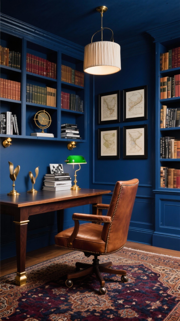 Medium corner-angle photorealistic shot of “The Moody Library Office”: ink blue velvety walls with matching tone-on-tone trim and built-ins; substantial dark walnut desk with chamfered edges and brass-capped feet; chestnut leather vintage-inspired swivel chair with stitched detailing and light patina; floor-to-ceiling bookcases styled by color family, sculptural bookends, brass astrolabe, stack of black-and-white photography books; thick Persian-style rug in wine, midnight, and tobacco tones; layered lighting on: green-glass banker’s lamp on desk, double-arm brass sconce above shelves, linen drum pendant overhead creating a dramatic, library-like glow; gallery of vintage maps in black frames; materials emphasized: leather, wool rug, linen shade, smooth lacquer; saturated, intimate atmosphere; no people.
