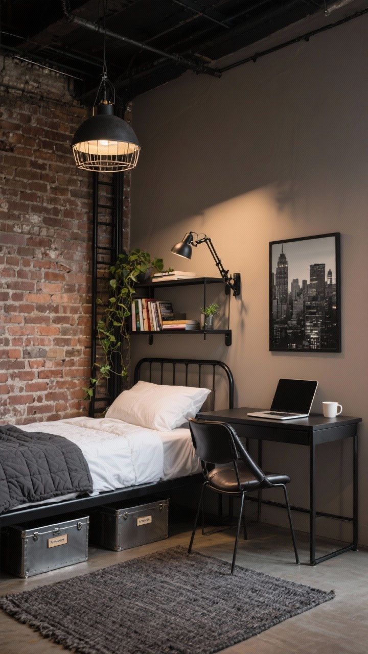 Medium corner-angle photorealistic view of an urban loft nook bedroom: compact double bed with black steel frame dressed in crisp white percale and a graphite quilt, one wall in exposed brick (or realistic brick veneer) and the opposite wall in matte taupe, wall-mounted black powder-coated metal drop-leaf desk shown open with a laptop, notebook, and coffee cup; slim black shelf ladder unit beside it holding books and trailing plants; caged pendant overhead casting industrial shadows, clamp lamp attached to the shelf for task light; compact leather sling chair slid partially under the desk; metal under-bed bins with label holders visible, a shallow trunk at the foot of the bed, charcoal jute rug on the floor, black-framed mirror bouncing light, monochrome city print on the wall; moody urban evening ambience with warm highlights.