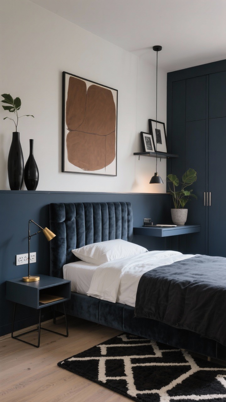 Medium corner-angle shot of a moody modern small bedroom with the king bed intentionally off-center on a short wall, photorealistic. Headboard wall painted deep charcoal (or inky blue) while other walls are warm white. Sleek channel-tufted headboard in velvet or faux leather. On one side: a single floating nightstand with hidden outlets and a minimalist table lamp in mixed black metal and warm brass. On the other side: a slim wall-mounted desk shelf with a pendant light hanging above to create a compact work zone. Low-pile black-and-cream geometric rug extending beyond the nightstand side and foot of the bed. Large abstract canvas in earthy tones echoing the wall color, or a long gallery ledge with layered frames in matte black. Sculptural black vases and a single leafy plant in a concrete pot. Floating shelves above the desk; tall wardrobe with sliding doors. Dramatic, graphic mood; controlled clutter; no people.