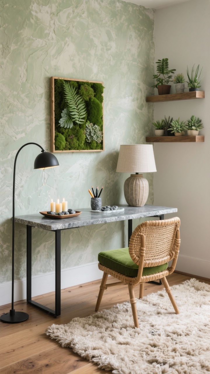 Medium corner shot, Biophilic Studio Nook: textured olive limewash feature wall showing movement, slim stone-top console desk (soapstone or honed quartz) with black metal legs, woven rattan shell chair with moss-green cushion, slate/pebble tray with pens, ceramic lamp with linen shade, small tabletop water fountain gently trickling, wall-mounted living moss panel (or preserved fern frame) as focal point, clustered small succulents on a floating shelf, chunky oatmeal wool rug over wood floor, black arched floor lamp with linen shade, candle-like LED tapers on a tray; photorealistic, soft diffused lighting for tactile, serene mood.