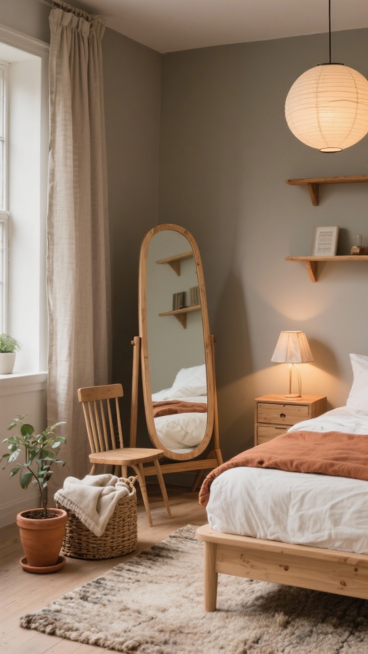 Medium/detail hybrid, three-quarter angle: A warm Scandinavian nook showing a pivoting full-length mirror on a stand with rounded rectangular shape and natural wood frame, angled to catch sunlight and bounce it into a darker corner. Background includes greige walls, a light oak bed with rounded corners dressed in ecru, clay, and oat bedding. Floating oak shelves, a compact wood dresser, and a spindle-back chair appear subtly. Textures: nubby wool rug, linen curtains, terracotta planter. A low woven basket with folded blankets rests by the mirror; a warm table lamp with linen shade glows softly; paper lantern pendant visible above. Mood: earthy, relaxed, hygge. Photorealistic, no people.