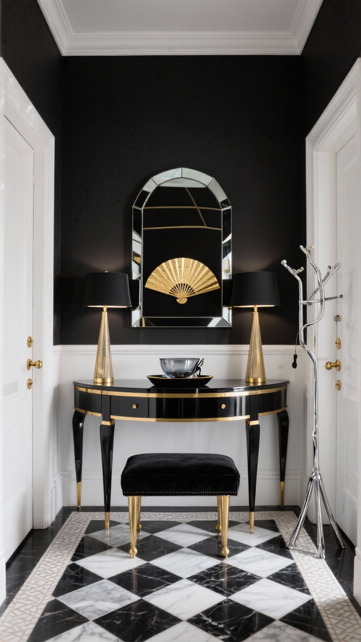 Medium entryway shot, straight-on symmetry: A Noir-Deco entry with deep ink-black walls and a chair rail with mirror panels beneath to bounce light. Center a black lacquer half-moon console table with brass banding and tapered legs, topped by a large stepped-arch mirror with faceted edges. Style the console with a symmetrical pair of tall obelisk lamps with black shades trimmed in gold, and a black lacquer catchall tray with a smoked glass bowl for keys. Flooring is checkerboard marble in black and white, layered with a narrow runner featuring a subtle Deco border. Add brass lever door handles with geometric backplates, one bold gold-on-black fan motif artwork in a slim brass frame, a compact black velvet bench with brass-capped feet, and a sculptural chrome coat stand. Photorealistic, high-shine, dramatic symmetry.