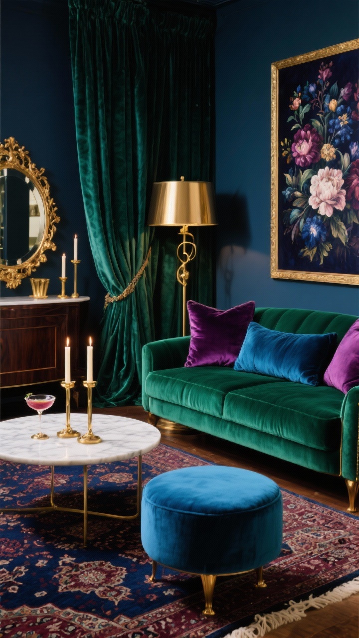 Medium, glamorous “Jewel-Toned Velvet Parlor” corner: compact emerald velvet loveseat, sapphire velvet ottoman, plum velvet pillows; floor-length velvet curtains just kissing the floor; round marble coffee table; slim brass floor lamp; polished brass accents and dark wood details; tapered candles in brass holders, a gilded mirror, deep-toned floral art on the wall; Persian-inspired rug in midnight blue and wine; palette of emerald, plum, navy, brass, and a touch of cream; dramatic, holiday-cocktail vibe, photorealistic, no people.