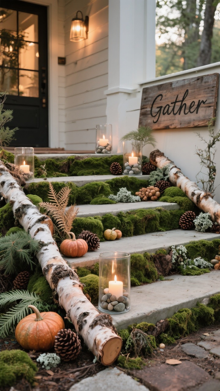 Medium, low-angle shot of front steps transformed into a woodland welcome: a winding border of birch log rounds edges the stairs; between them, plush moss patches, tiny gourds, pinecones, lichen, dried ferns, and clipped cedar are artfully tucked; hurricane vases filled with pebbles hold candles, casting warm light; a weathered wooden sign hand-lettered “Gather” leans nearby; color palette of moss green, bark brown, copper, and cream with rich natural textures, early evening glow, photorealistic.