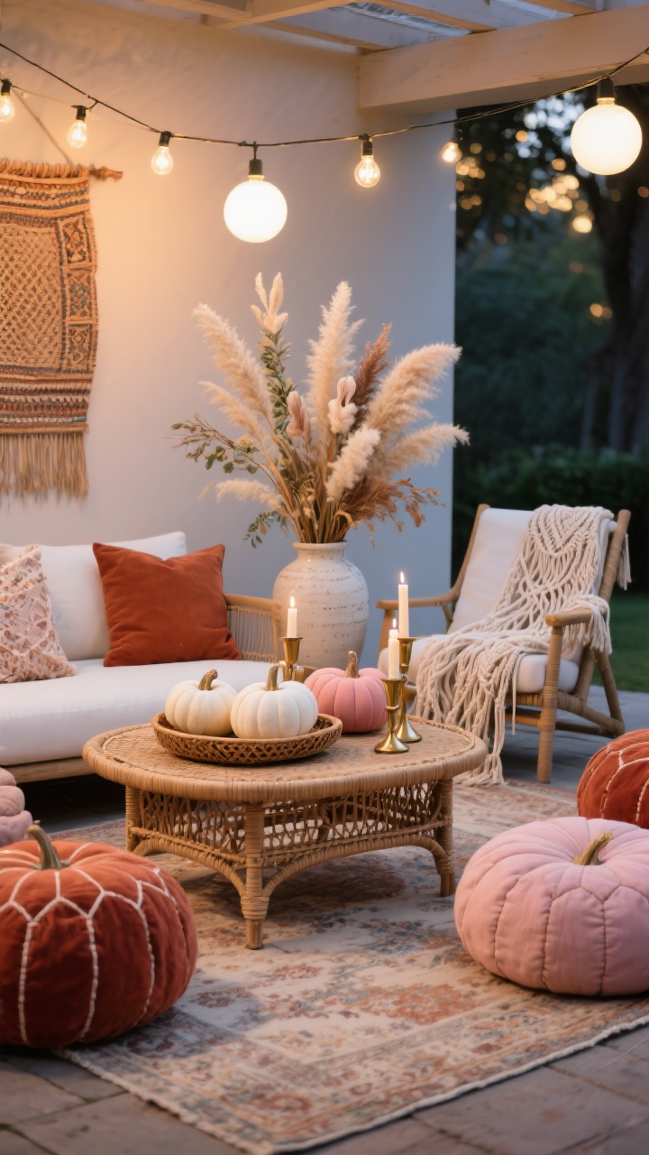 Medium, low-seated lounge composition: boho harvest setup with a rattan coffee table on a faded Persian-style outdoor rug, surrounded by layered floor cushions and poufs in rust, blush, and sand. A macrame throw draped over a lounge chair. Statement pampas grass arrangement in a tall ceramic vase with dried bunny tails and bleached ruscus. White and blush-toned pumpkins in a woven tray alongside taper candles in mixed brass holders atop the table. Overhead string lights with oversized bulbs and a woven wall hanging visible under a covered area. Colors: rust, blush, sand, soft white. Warm, ambient evening lighting with soft bokeh from bulbs, photorealistic.