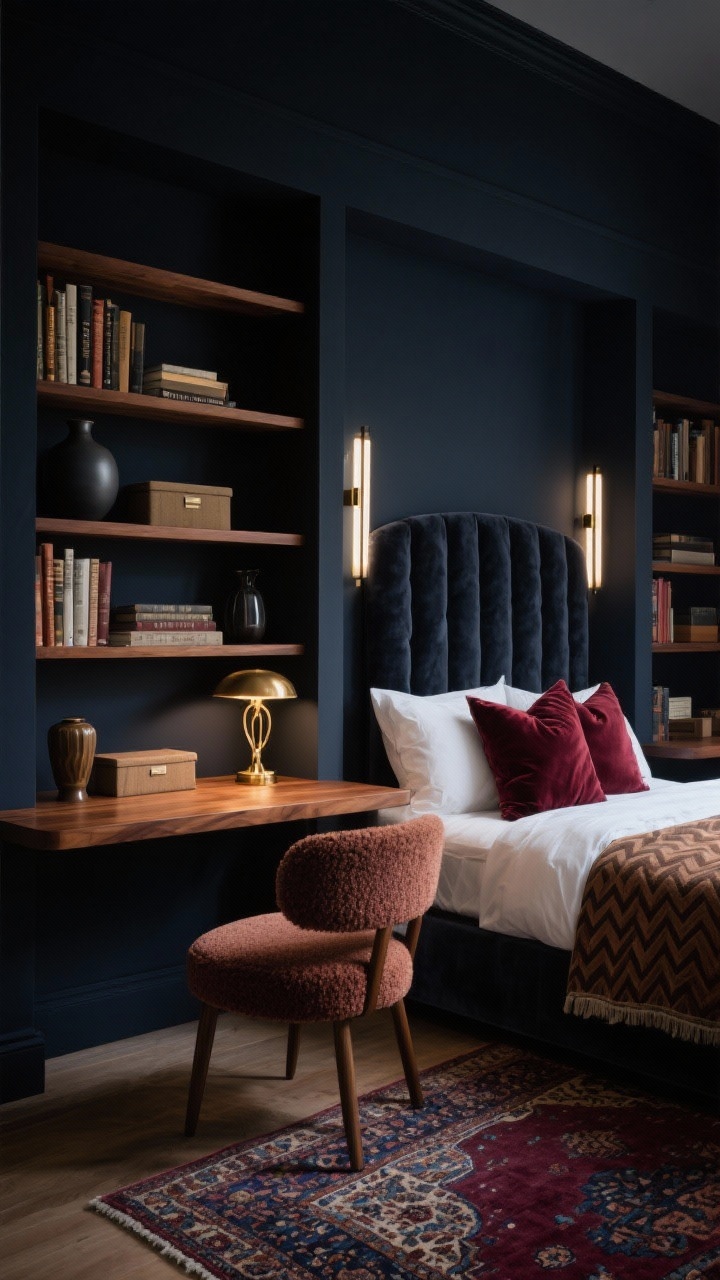Medium, moody photorealistic study nook within a dark modern library bedroom: deep blue-black satin walls, warm walnut floating desk built between two bookcases painted to match the walls; shelves styled with hardcovers, matte ceramic vases, and fabric storage boxes on upper shelves; sculptural antique brass low desk lamp glowing on the walnut surface; petite bouclé barrel chair in front; in the background a charcoal velvet bed with tall channel-tufted headboard, crisp white bedding, walnut herringbone throw, oxblood velvet pillows; layered lighting with picture lights over shelves and slim plug-in sconces flanking the bed; Persian-style rug in wine and navy grounding the scene; rich, cocooning evening light with soft highlights on wood grain and velvet pile.