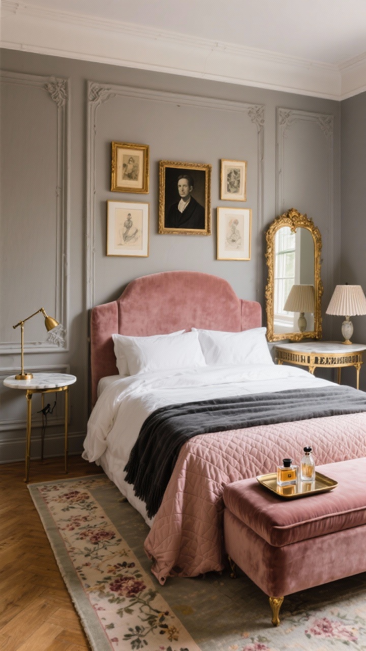 Medium shot, angled from the foot of the bed: A Parisian-inspired petite bedroom where the queen bed is slightly off-center. Dusty rose velvet upholstered headboard framed by molded wall panels painted mushroom gray. Above the bed, a curated gallery wall mixes vintage art prints in antique gold frames with one bold black-and-white portrait. One side features an ultra-slim table-as-nightstand with a vintage-style brass plug-in swing-arm lamp; the other side holds a petite marble bistro table topped with a small pleated-shade lamp. Bedding: ivory sateen sheets, blush quilt, thin charcoal throw at the foot. A narrow faded floral runner rug runs alongside the bed. A leaning gold mirror near the window bounces light; a velvet storage bench at the foot of the bed holds a lacquered tray with perfume and a tiny vase. Warm, romantic lighting, photorealistic.