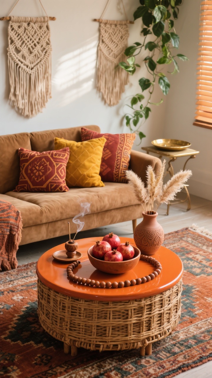 Medium shot, Boho Terracotta Harvest: camel microfiber sofa piled with block-print pillows in rust and marigold, layered kilim rug, woven shades filtering warm afternoon light. Rounded rattan drum coffee table with a burnt-orange lacquer tray corralling a terracotta bowl of pomegranates, a carved wood bead garland, a small incense dish, and a hand-thrown vase with feathery dried pampas. Include a macramé wall hanging, trailing pothos, and a brass tray side table in the background. Palette: terracotta, marigold, sage, cocoa. Textures: rattan, clay, lacquer, woven cotton. Slight incense curl visible, cozy boho vibe. No people, photorealistic.