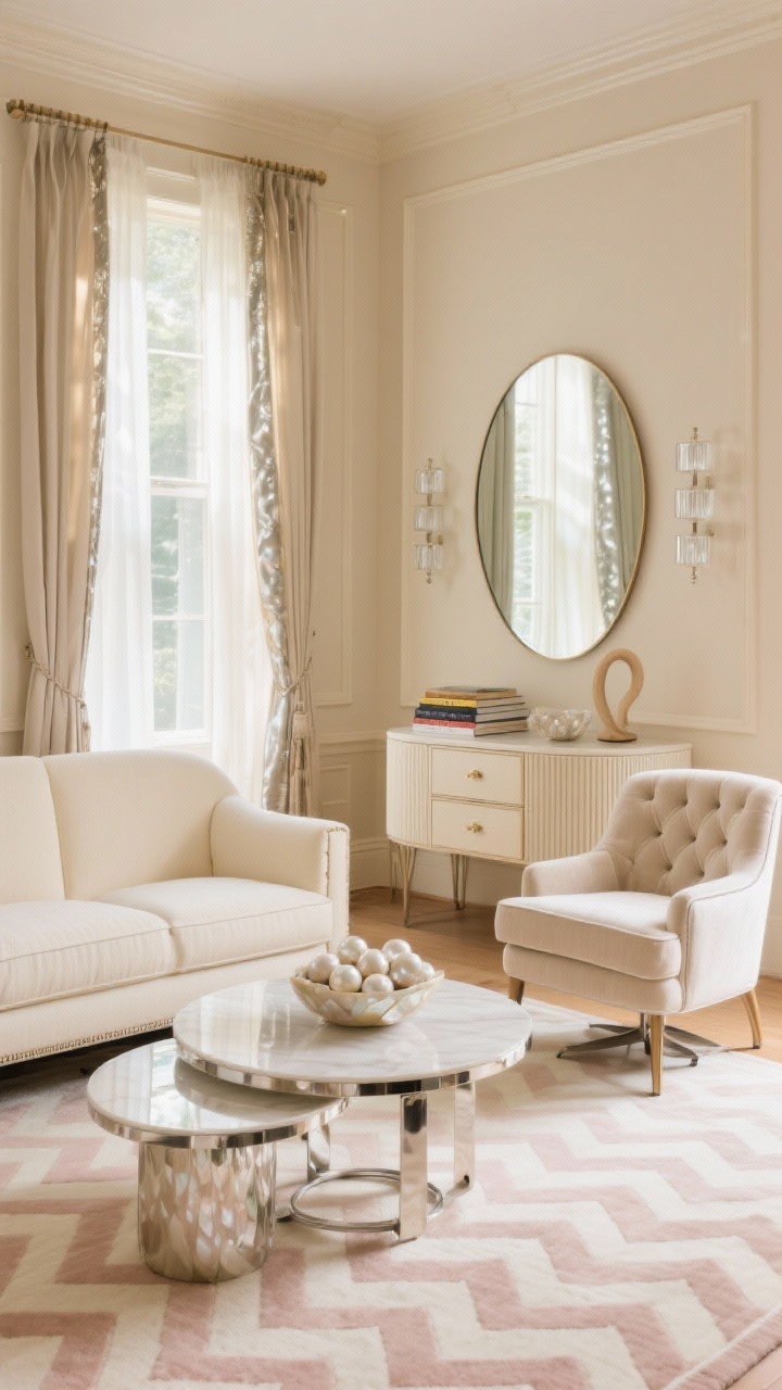 Medium shot, Champagne Salon: a light, airy Art Deco sitting area with warm oatmeal walls featuring picture-frame molding. A tuxedo-style sofa in creamy linen with piped edges faces a round nesting coffee table in chrome and frosted glass. Adjacent is a channel-tufted swivel chair in oyster velvet. A slim mirrored demilune console with faceted drawer pulls and a reeded base sits beneath an oversized frameless oval mirror, flanked by tiered glass sconces. On the floor: a pale cream-and-blush chevron low-pile rug. Windows dressed in double-layered drapery—sheer voile with a slightly metallic outer panel catching morning sun. Styling details: a small stack of art books, a looping ceramic sculpture, and a bowl of mother-of-pearl spheres. Soft daylight, subtle sparkle, straight-on view, photorealistic.