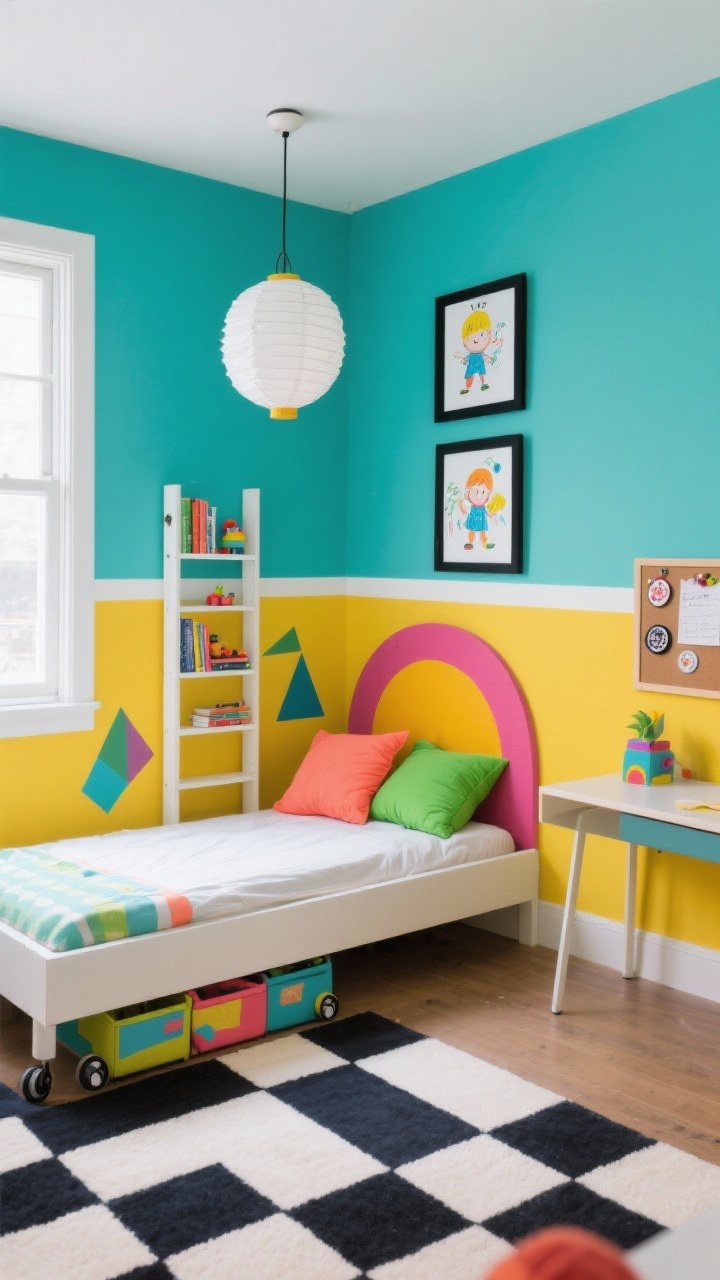 Medium shot, Color-Blocked Playground: A small kid’s room corner showcasing bold color-blocked walls: sunny mustard on the lower third, soft teal above, divided by a crisp white line. A low modern platform bed with a colorful headboard shape painted on the wall behind it (arched form), bright white slim ladder shelf opposite holding a few books and toys, rolling storage bench with cushion under a window. Palette accents in neon coral and lime pillows, removable geometric decals on one wall, and a bold checkerboard rug on the floor. Oversized black-framed prints of kids’ drawings on the wall. Pendant light in a playful paper lantern shape overhead, magnetic strip near a compact desk area for badges and notes. Photorealistic, corner angle, bright even daylight.
