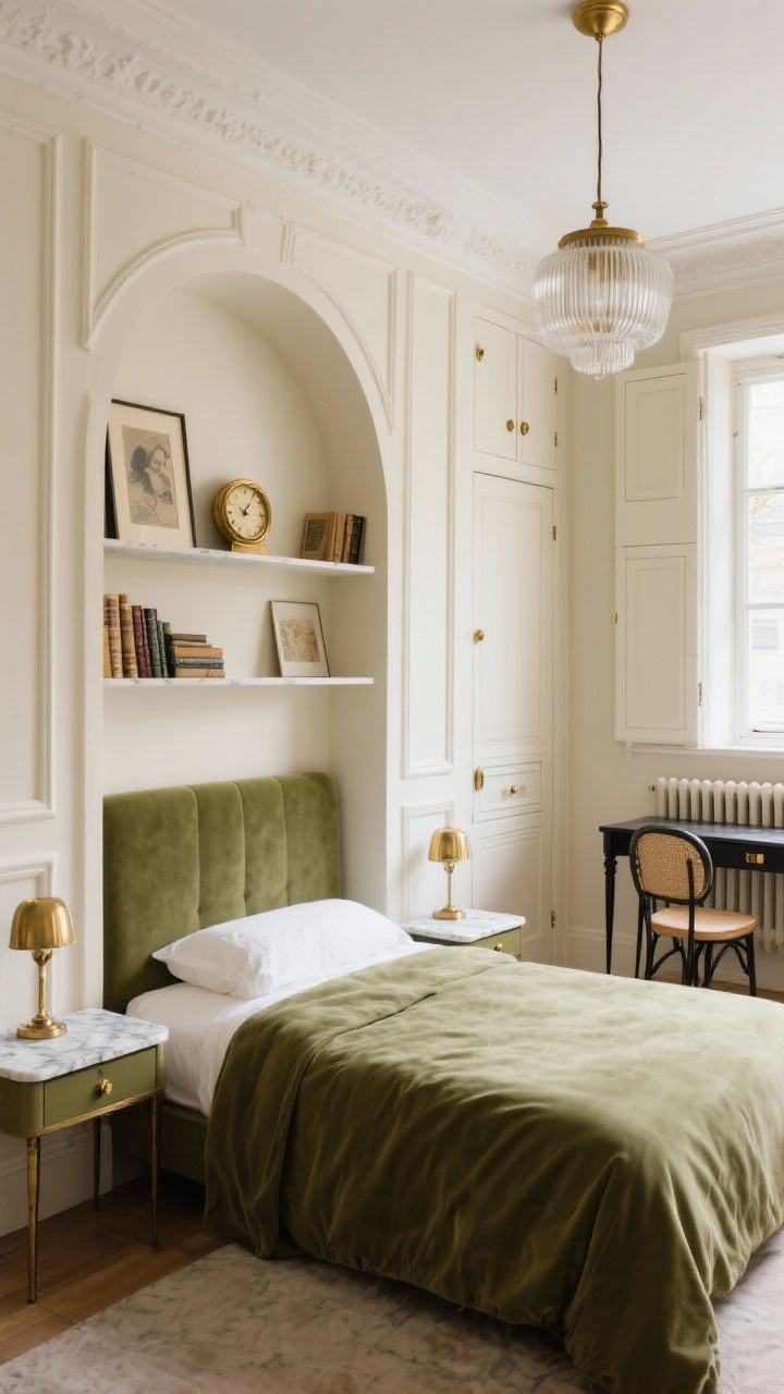 Medium shot, corner angle: A Parisian petite bedroom vignette with creamy walls detailed in picture-frame molding, a muted moss velvet upholstered bed framed by a ceiling-height arched niche built-in with shelves and a closed cabinet base; the niche styled with leaning art, old books, and a small brass clock; two narrow marble-topped wall shelves acting as nightstands; antique brass accents throughout; a petite bistro chair tucked under a slim console desk; over-door cabinetry with brass knobs above the entry; a shallow built-in radiator cover along the window with lift-up lids and file-style linen drawers; opposite wall hinted with built-in wardrobes with shaker doors color-matched to the walls; a vintage-style flush mount chandelier with ribbed glass casting warm, low-profile glamour; palette of cream, moss, antique brass, and black punctuation, photorealistic.