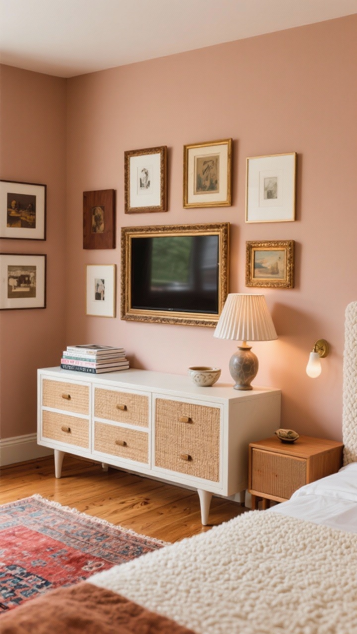 Medium shot, corner angle: “The Gallery-Frame Hideaway” wall featuring a frame-style TV in art mode centered within a curated gallery wall above a low, wide, shallow dresser with cane-front drawers. Soft clay painted walls, cream boucle headboard partially visible, honey oak flooring, and a vintage rug with muted reds and blues. Surrounding art in coordinated mismatched frames—walnut, white, and antique brass—hung tightly and balanced. Dresser top styled with a stack of design books, a sculptural ceramic lamp with pleated linen shade on one side, and a ceramic catchall. Warm, soft lighting from the lamp and a petite alabaster sconce over the nightstand, matte screen finish, photorealistic, no people.
