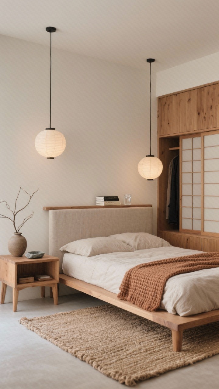 Medium shot from a corner angle: A Japandi pocket retreat with soft putty walls and warm ash wood tones, centered on a low tatami-inspired platform bed with a thin, tailored linen-wrapped headboard that doubles as a subtle ledge for a book and glass of water. Two paper lantern pendants hang at bed height like soft moons, casting low, soothing light. A woven jute rug grounds the space; slender wood nightstands with open cubbies hold a single ceramic vase with a branch and a stone tray for essentials. Along one wall, a built-in shallow wardrobe with shoji-style sliding doors saves swing clearance. Textiles include a linen duvet, waffle-knit throw, and cotton percale sheets in hues of mushroom, clay, and inky charcoal accents. Calm, intentional, earthy, and uncluttered. No people, photorealistic.