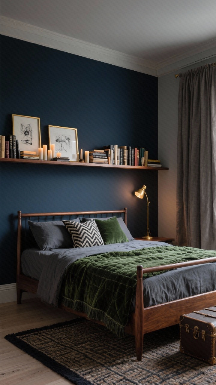 Medium shot from a corner angle: A moody book-nook retreat bedroom with deep, enveloping tones—feature wall in rich charcoal-blue behind the bed, remaining walls soft dove gray. Walnut bed frame dressed in slate linen sheets, a forest green velvet quilt, and a wool throw. Pillows mix herringbone and subtle plaid patterns for a library feel. A wall-to-wall headboard shelf (narrow wood ledge) holds stacked books, black-and-white sketches in thin brass frames layered casually, and a cluster of candles. Lighting includes a library-style picture light illuminating the shelf and a single brass task lamp on one side. Flatweave rug with a dark border frames the bed; a small vintage trunk serves as the only nightstand. Heavy linen blackout curtains soften the edges. Evening, warm glow, photorealistic.