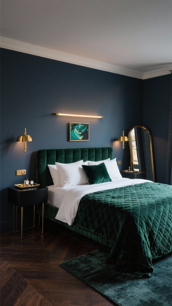 Medium shot from a corner angle: A “Moody Boutique” bedroom with deep ink blue/charcoal walls and a velvet bed in rich emerald, dressed in high-contrast bedding—crisp white sheets with a dark quilt and velvet euro shams; symmetrical matching brass sconces flank the headboard; a linear picture light above the bed casts a warm glow; skinny black nightstands; opposite wall features a wall-mounted console with a tray for perfume and watches; dark wood floors with a low-pile rug tucked just under the bed; a single bold statement art piece above the headboard; a framed floor mirror leaning in a corner to bounce warm, hotel-like light; overall intimate, glam mood.
