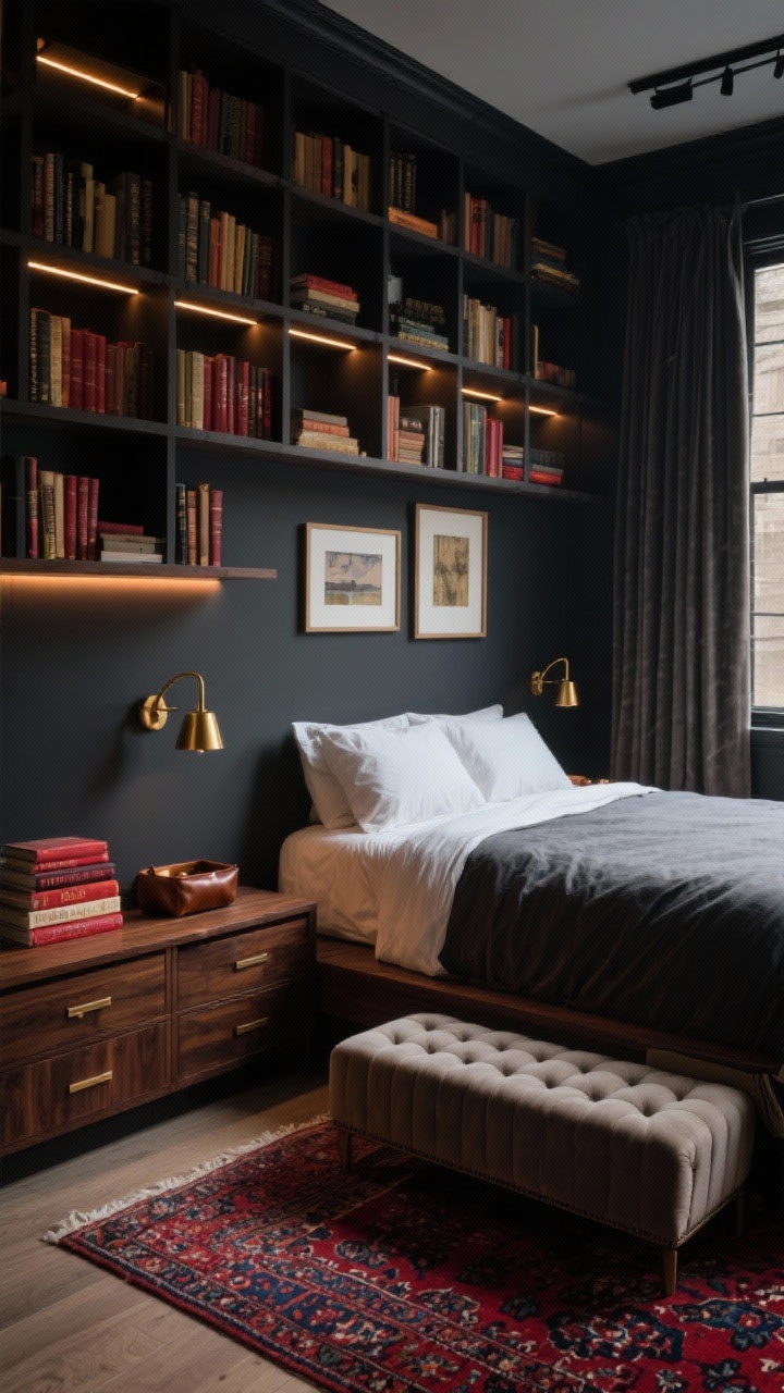 Medium shot from a corner angle, Moody Library Loft: deep charcoal walls with a full-height bookcase behind the bed; the bed pushed against the shelves so the lowest shelves act as nightstands with stacked books and a leather catchall; upper shelves glow with integrated warm LED strips; dark-stained wood underbed drawers slightly ajar; a tufted narrow storage ottoman at the foot of the bed; Persian-style rug in burgundy and navy grounding the scene; brass articulating sconces on the wall, linen curtains skimming the floor; a slim gallery picture ledge above the bed with layered art; accents of oxblood, brass, and walnut; moody evening lighting, photorealistic.