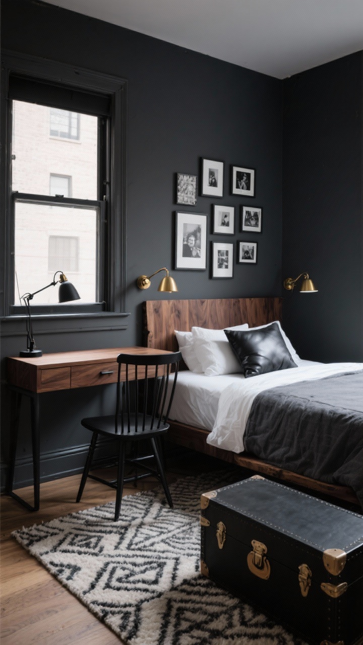 Medium shot from a corner angle, photorealistic: A moody modern small bedroom with deep charcoal gray walls, a walnut headboard, and a matching slim nightstand. A wall-to-wall walnut slab desk sits beneath a framed window, mounted on matte black brackets with a low-profile drawer, paired with a black spindle chair. Lighting includes twin brass swing-arm sconces flanking the bed and a small black architect lamp on the desk. A tight gallery wall of black-and-white photos hangs above the desk. Textures include crisp white sheets with a deep gray duvet and a lumbar leather pillow; a wool flatweave rug in a geometric pattern grounds the room. A sleek black trunk at the foot of the bed adds hidden storage. The atmosphere is polished and boutique-hotel moody.