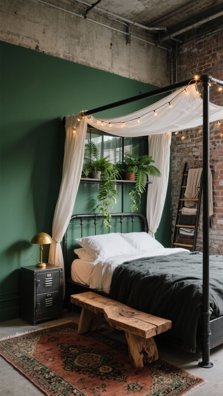 Medium shot from a corner angle, Urban Greenhouse Industrial: A moody small warehouse bedroom corner with moss green walls meeting raw concrete and aged brick. Black metal canopy bed draped with gauzy white panels; vintage oriental rug in muted rust and forest tones underfoot. Behind the headboard, a narrow steel-framed glass partition with a shelf holding ferns, pothos, and trailing philodendron. Live-edge wood bench at the foot of the bed; metal locker nightstands. Brass mushroom lamp on one side and subtle string lights woven into the canopy. Linen curtains pooling slightly and a ladder-style rack with throws in the background. Color story: moss, rust, black, cream, warm wood. Soft, warm evening light.