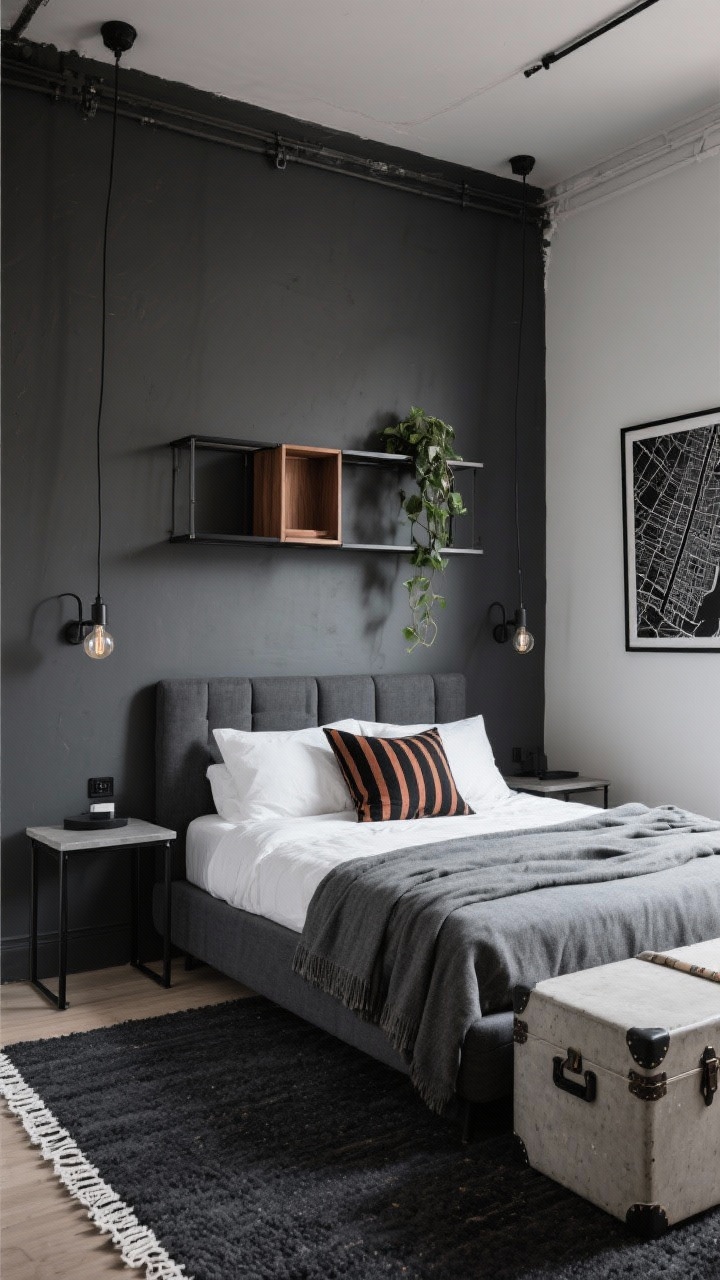 Medium shot from a corner angle, Urban Industrial With Tailored Edges: A compact city bedroom with a charcoal accent wall and exposed bulb pendants over a platform bed featuring a charcoal upholstered headboard. Black steel side tables flank the bed; a wall-mounted shelf unit combines black metal and warm walnut for vertical storage. A compact trunk at the bed’s end doubles as seating; a concrete-style nightstand top and matte black hardware emphasize utility. Textiles are tailored: crisp white duvet, heather gray blanket, and a black-and-rust striped lumbar pillow. On the wall hangs a framed black-and-white city map; underfoot lies a charcoal wool rug with a thin white border. A trailing plant softens the top shelf. Controlled, slightly dramatic lighting, photorealistic.