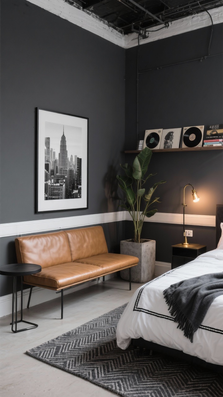 Medium shot from a corner angle, urban loft edge bedroom: charcoal-gray walls with crisp white trim, black-and-white city photograph above the bed; compact camel leather settee (60–65 inches) with tight back cushions and metal legs placed along the wall across from the bed; narrow black metal c-table tucked under the settee; bed in white percale with black stitched border and a charcoal throw at the foot; flat-weave graphite herringbone rug sliding under both bed and sofa; tall architectural plant in a concrete planter; slim floating shelf above settee displaying vinyl sleeves and art books; plug-in swing-arm sconces over the sofa with warm LED glow; palette of charcoal, black, camel, white, shot of brass; moody yet sleek studio vibe, photorealistic, no people.