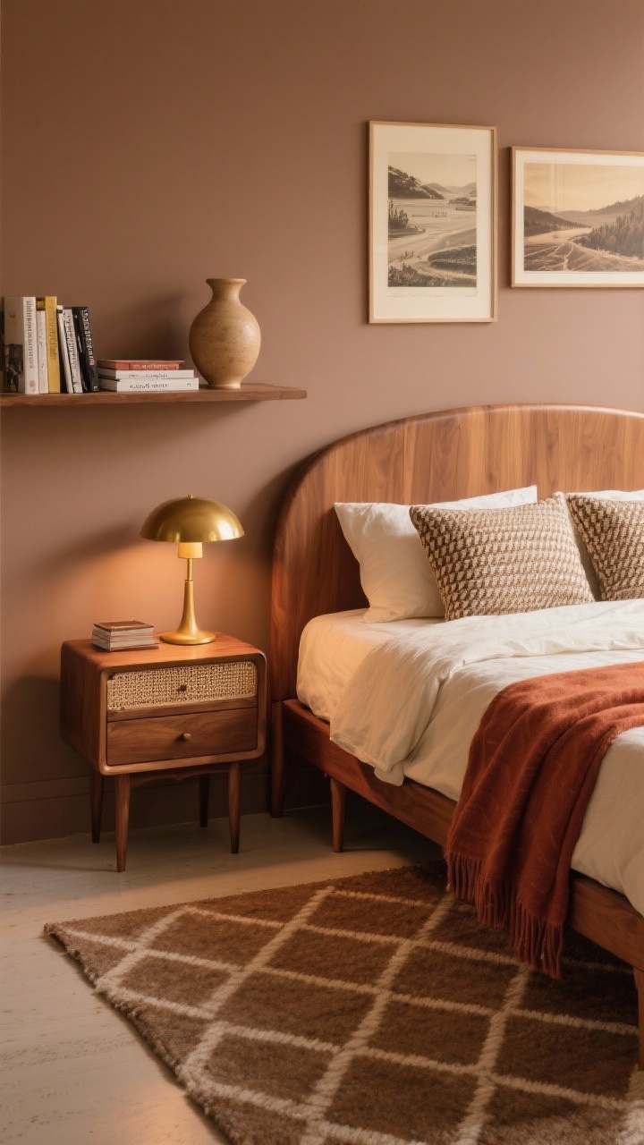 Medium shot from a corner angle: “Warm Mid-Century Retreat” focusing on a walnut bed with tapered legs and a gently curved headboard set against warm taupe/mushroom walls. Cream linen duvet with a rust throw folded at the foot and small patterned cushions (micro-herringbone, broken stripe). A compact walnut nightstand with a cane-front drawer holds a brass mushroom lamp, while a low dresser with rounded corners sits nearby. A floating shelf with a few books clears floor space. Flatweave wool rug with subtle diamond pattern slightly off-center. Vintage-inspired travel prints on the wall, a sculptural ceramic vase, and a small stack of design/music hardcovers. Warm, cozy lighting with brass accents and curved silhouettes; photorealistic, natural evening glow.