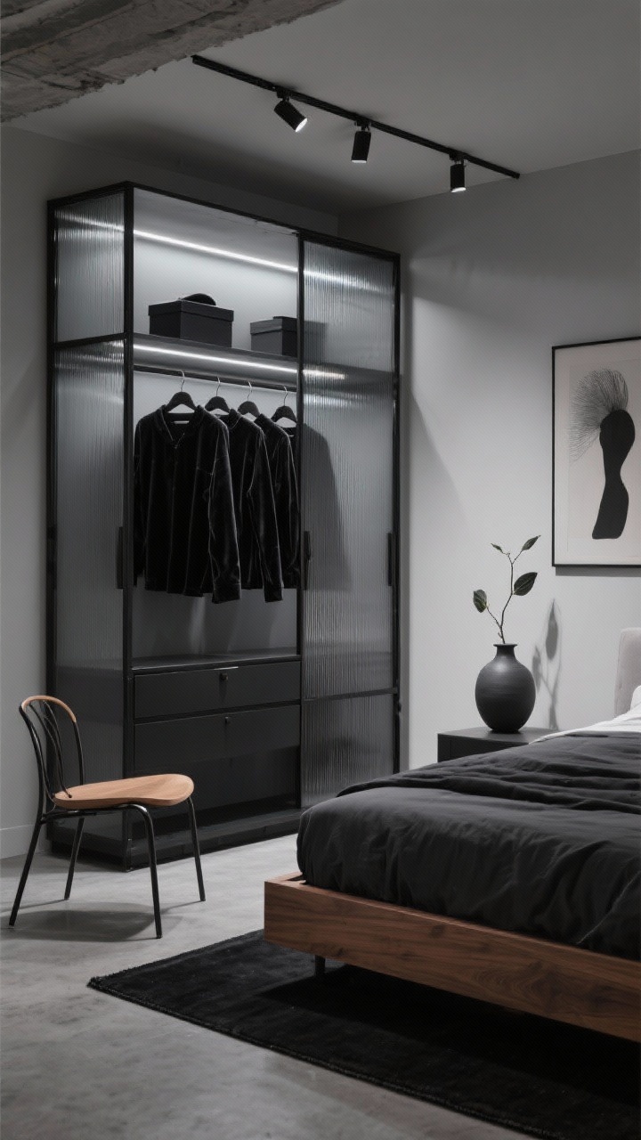 Medium shot from a low corner angle: A modern minimal loft bedroom with a slim, tall black-framed glass cupboard featuring ribbed/smoked panels, LED strip lighting on motion sensors softly illuminating uniform black velvet hangers and a top shelf with hat boxes. Monochrome palette: soft gray walls, charcoal bedding on a low platform bed with a walnut frame, matte black accents throughout. Flooring in concrete-look vinyl with a thin black-bordered rug. A sculptural bentwood/metal chair adds balance. Minimalist track lighting with adjustable spots highlights the cupboard and a large abstract print on the wall. Matte ceramic vase with a single leafy branch on a low surface. Photorealistic, crisp evening ambience with controlled highlights and deep shadows.