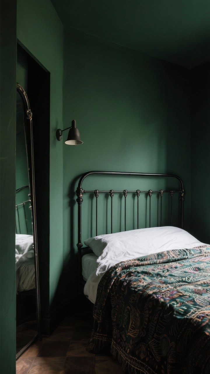 Medium shot from corner angle, Bold Boho Jewel Box: A small dramatic bedroom with moody olive walls and a black metal bed frame with vintage curves. Alongside the open side of the bed, a narrow
