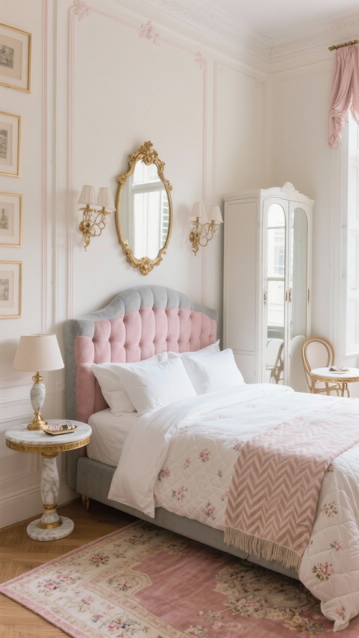 Medium shot from the room’s open side toward a corner-placed king bed creating a plush nook, photorealistic. Parisian petite style: creamy walls with stick-on picture frame molding painted to match, blush accents, antique brass. The tufted velvet headboard in blush or dove gray sits against one wall, the bed’s long side lightly touching the adjacent wall. Bedding: silky sheets, quilted coverlet, and a small-scale floral or herringbone patterned throw. On the open side: an oval pedestal nightstand topped with a marble lamp and a small jewelry tray. Floor: a vintage-style Persian rug in faded rose and cream, slightly angled to soften lines. Storage: a tall narrow antique-white armoire with mirrored doors reflecting light. Above the bed: a large gilt mirror or ornate sconces with draped shades. Include a petite bistro chair by the window with a round accent table; boutique-hotel coziness; no people.