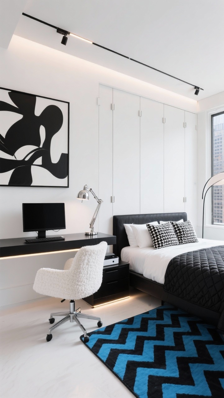 Medium shot, High-Contrast City Chic Suite: a crisp gallery-white room corner with a floating black waterfall-edge desk, white boucle swivel chair, sleek chrome task lamp, and a minimal black monitor stand. Behind, a black metal low-profile bed with white percale sheets, a black quilted coverlet, and two patterned monochrome pillows. Wall-to-wall built-in wardrobe with seamless push-latch white doors; a slim black console doubling as a printer perch. Oversized abstract art in black, white, and a punch of electric blue; a graphic rug with a subtle chevron pattern underfoot. Layered, dimmable lighting: recessed track spots, a slim LED strip under the desk, and a sculptural arc floor lamp near the bed. Daytime scene with city light, photorealistic, clean lines, slightly angled perspective.