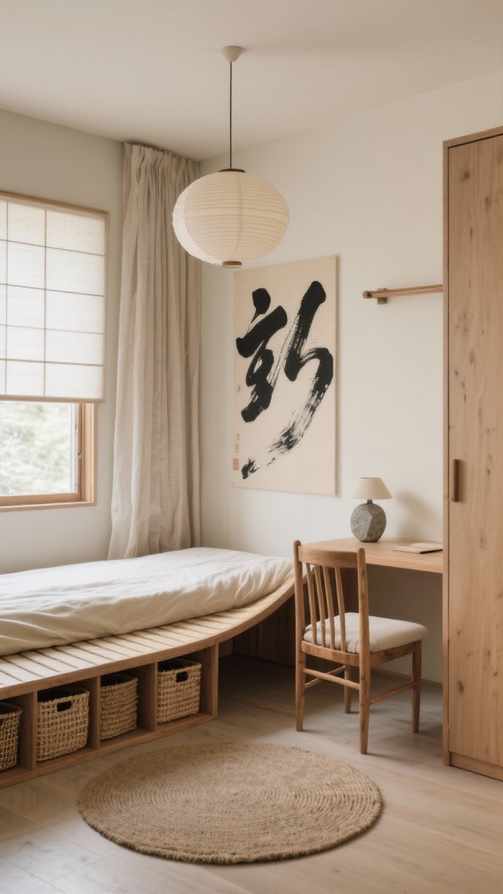 Medium shot, Japandi Zen With Organic Curves: A serene small bedroom-office with putty-toned walls, a low futon-style bed on a simple slatted base dressed in ecru linen; a curved-edge natural wood desk placed at the window with a paper shoji-style shade softly filtering light; wood spindle chair with a linen seat cushion; minimal storage: stacked woven seagrass nesting boxes and a single-rail wardrobe concealed by a linen curtain; oversized black ink brush print low-hung above the headboard; lighting includes a rice-paper pendant overhead and a tiny stone-base lamp on the desk; tatami-inspired rug under the bed and a round wool rug under the desk delineating zones; materials of washed linen, raw ceramic, rattan, honed stone, paper; calm, meditative mood; straight-on, soft daylight, photorealistic.