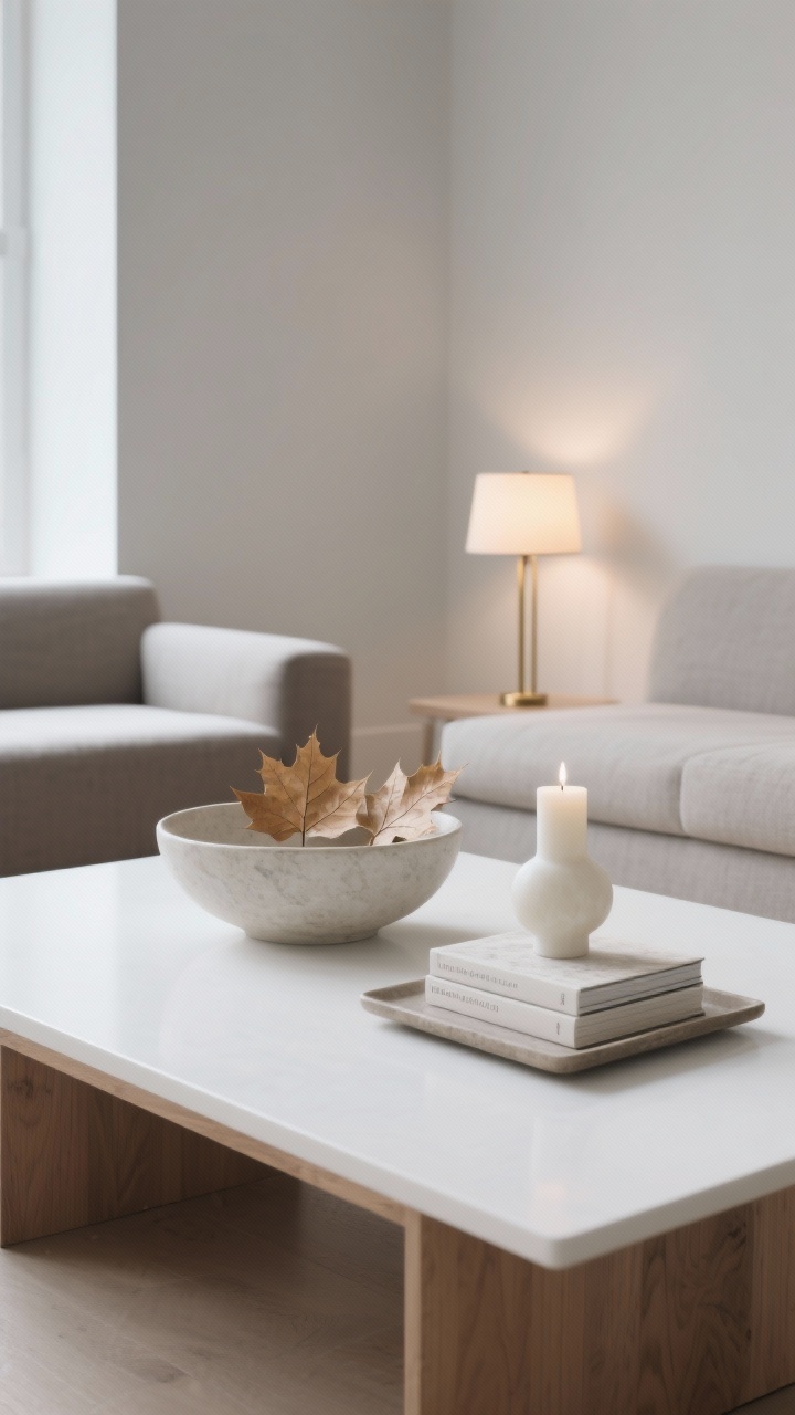 Medium shot, Modern Minimal Maple: a sleek white or pale oak coffee table in a calm room of soft grays and warm whites. Tight color story: maple, taupe, crisp white. Minimal styling—one low smooth ceramic bowl holding maple leaves (real or faux), a sculptural alabaster candle beside it, and a single small stack of perfectly aligned books on a rectangular tray balancing the round bowl. Smooth ceramic, polished stone, matte glass textures. A slim brass table lamp just out of frame casting a soft, controlled evening glow. Clean lines, negative space, gallery-like calm. Photorealistic, straight-on composition.