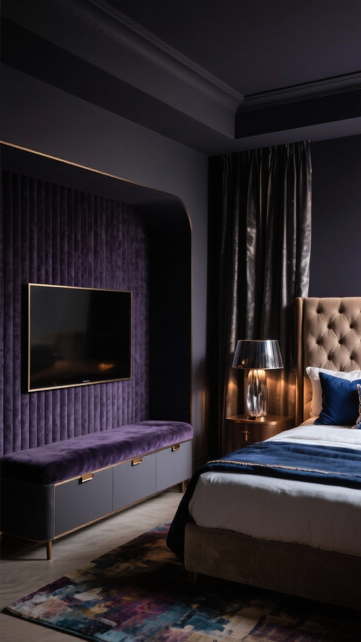 Medium shot, moody corner angle: “The Moody Luxe Alcove” showcasing a TV set into a fabric-paneled alcove on a deep aubergine or charcoal wall with the ceiling painted to match. Slender fluted panels frame the screen; a narrow upholstered panel sits below. A low velvet bench with hidden drawers anchors the TV wall. Nearby, a channel-tufted headboard in mushroom velvet with satin-trimmed bedding and midnight blue pillows. Metallic accents include brushed bronze hardware and a smoked glass lamp casting dim, warm light; add a low-lumen LED glow behind the headboard. Painterly rug in muted jewel tones and heavy blackout drapery with a slight sheen complete the cocooned atmosphere. High-contrast, cinematic night lighting, photorealistic, no people.